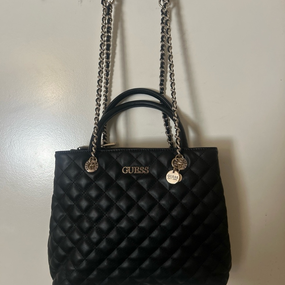 Guess Black Quilted Shoulder Bag with Chain Straps